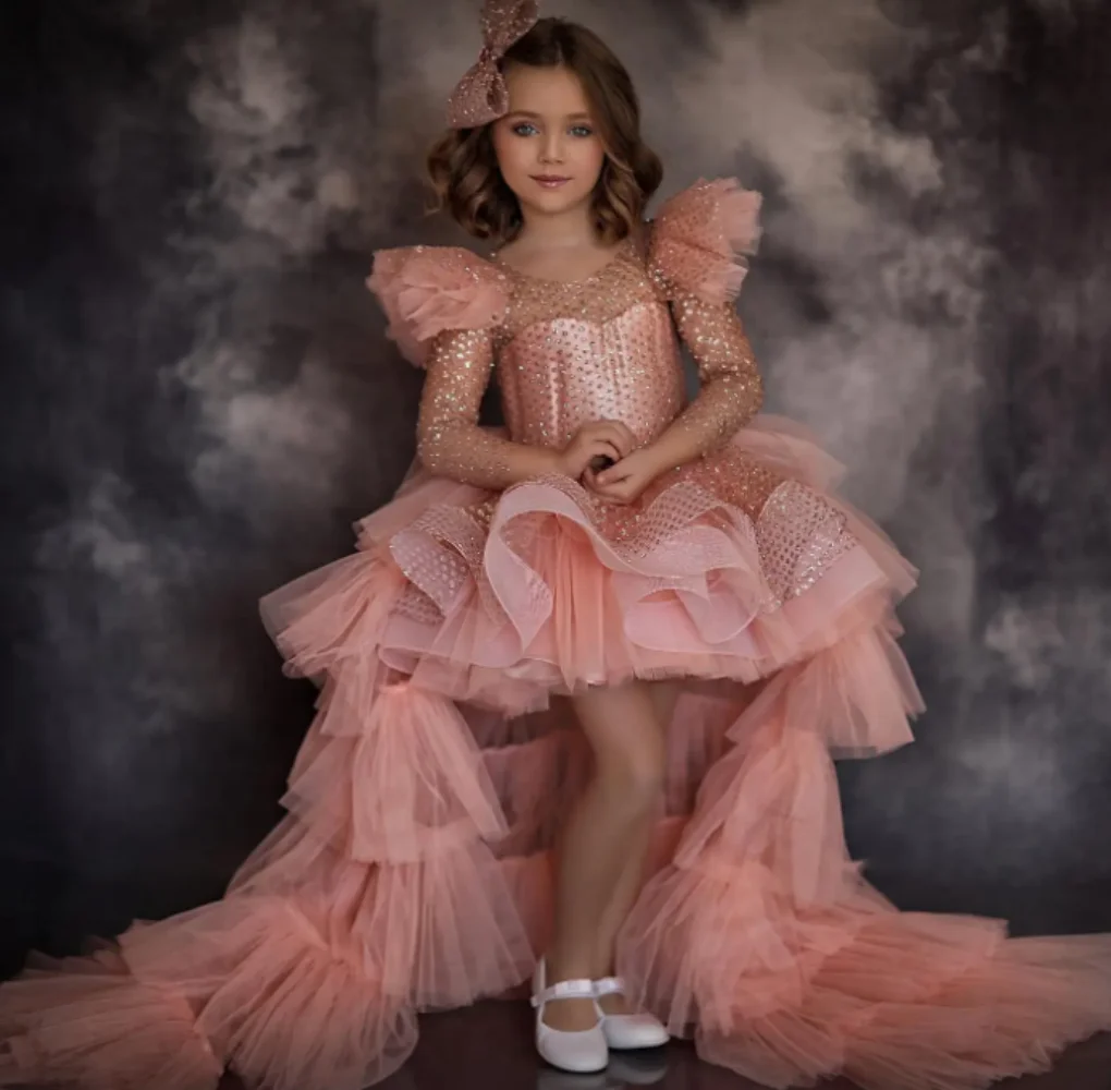 2024 New Elegant Tulle Kid Formal Dresses Shiny Daughter Birthday Party Dresses Full Sleeves Tiered Tulle Child Dress فساتين سهر