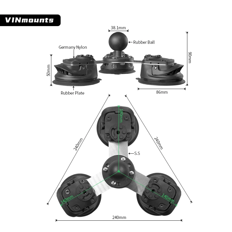 VINmounts Suction Cup, Triple Suction Cup with 1.5