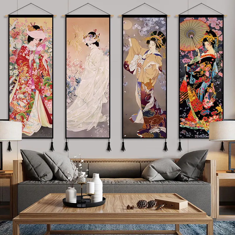 Japanese style lady figure cloth art hanging painting, Hefeng background wall decorative painting, net red tapestry, tapestry, h