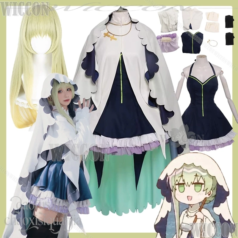 Disfraz de Cecilia, Anime Saint Cecilia y Pastor Lawrence, Uniforme de Monja, Sombrero Grande, Mini Vestido, Pelucas Largas Verdes, Halloween