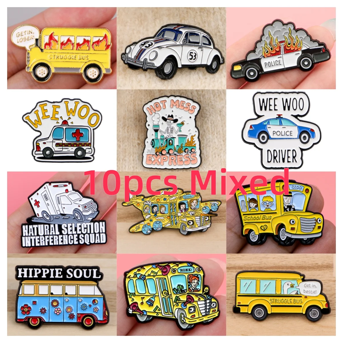 

10pcs/set Mixed School Bus Enamel Pin Ambulance Brooches Lapel Pins Badge on Backpack Costume Accessories Fashion Jewelry Gifts