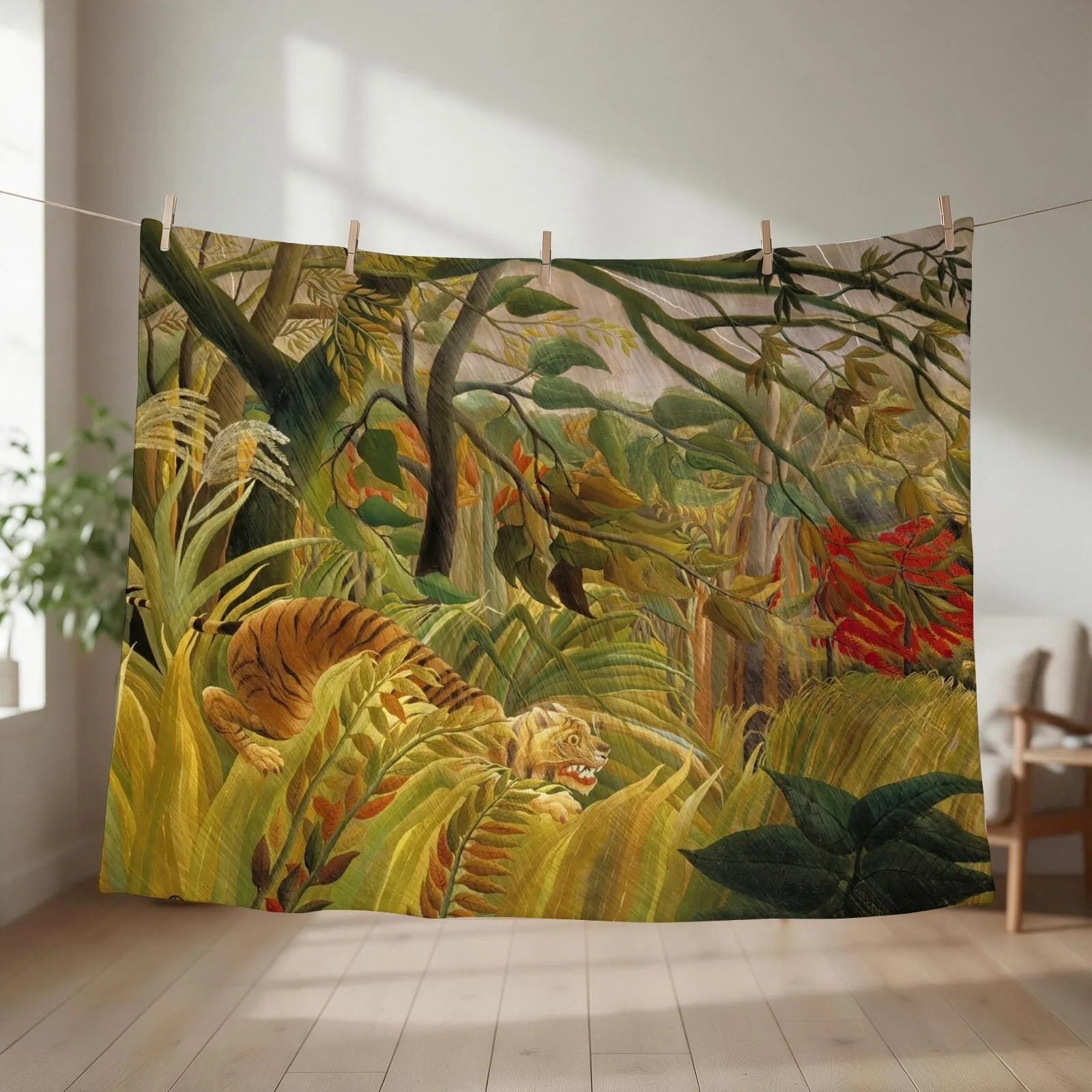 Henri Rousseau - Tiger in a Tropical Storm (1891) Throw Blanket couch cozy soft plush fuzzy picnic outdoor blanket