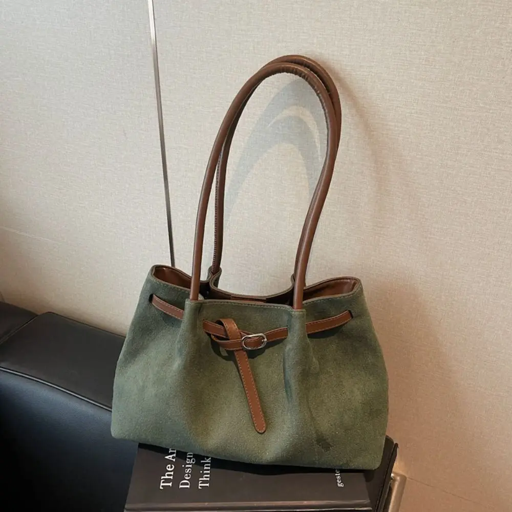 Korean Style Suede Tote Bag Solid Color PU Leather Matte PU Handbag Large Capacity Buckle Belt Decorative