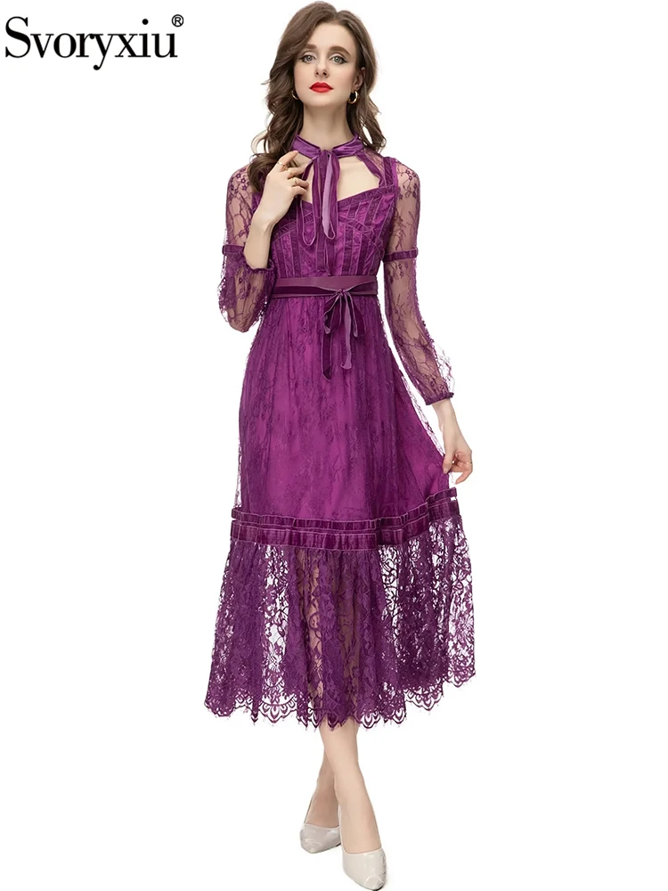 

Svoryxiu Fashion Designer Autumn Purple Vintage Midi Dress Women's Stand Collar Net Yarn Long Sleeve Belt Flounces Hem Dress