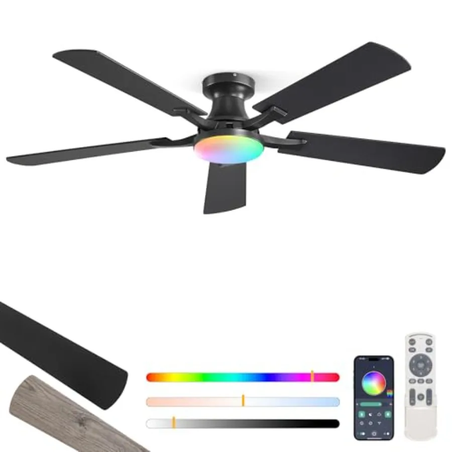 

52 Inch RGB Ceiling Fan with Light for Bedroom Living Room Apartment, Black ABS Blades, Dimmable 20W LED Light, App Remote Cont