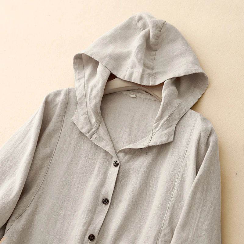 Primavera verão algodão linho com capuz irt batwing sve longo sve único botão cor pura versátil outerwear commute sle