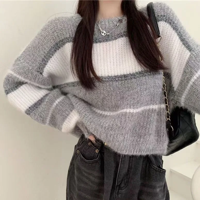 

Hsa Irregular Striped Sweater Women Winter Cashmere O-Neck Pullovers Knit Hip Hop Harajuku Knitted Jumper Sweaters Vintage Tops