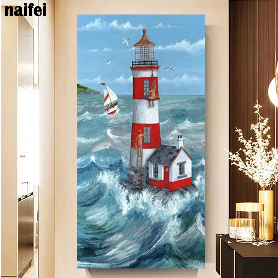 Seaside Lighthouse 5D Diamond Painting Kit Full Square Round Drill Rhinestone DIY Wall Art Crafts Mosaic Picture Home Decoration