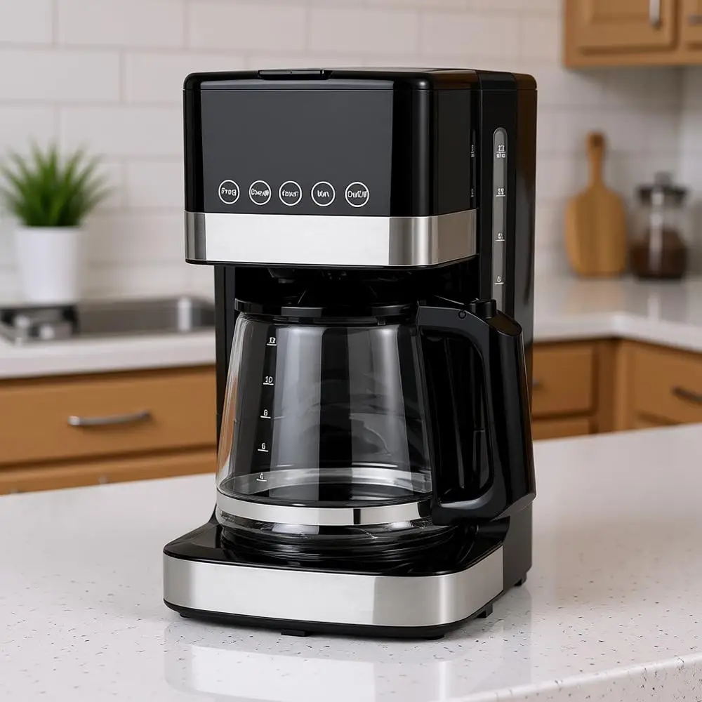 

Кофеварка капельного типа на 12 чашек со стеклянным кофейником (1,9 л), автоматическим отключением, сенсорным экраном, функцией автоматической паузы, съемной корзиной для фильтра, черная