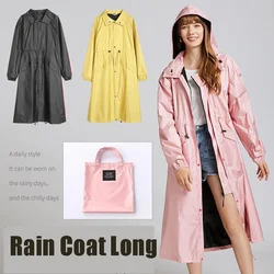 Women Long Raincoat Waterproof Rain Jacket with Hood Zipper and Pockets Outdoors