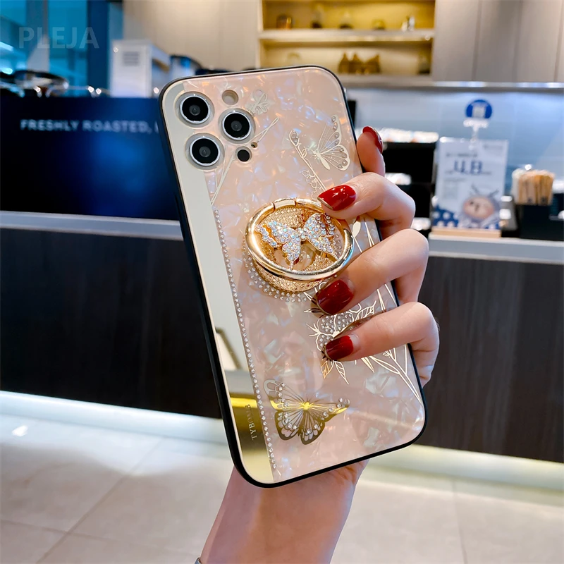 Luxury Butterfly Ring Stand Holder Phone Case For iphone 15 14 13 12 11 Pro max 7 8 X XR XS Max Cute Mirror Glossy Cover Fundas