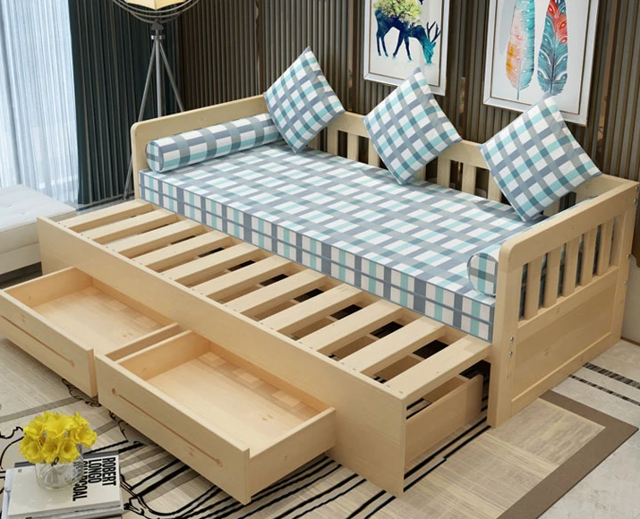 The solid wood sofa bed can be folded and sliding small apartment, which is multi-functional and sitting