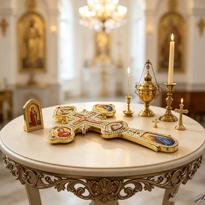 Neues Orthodoxes Golgatha-Handkreuz, Goldene Ikone, Jesus, Maria, Heilige, Rote Perlen, Kirchenliturgie, Segen, Byzantinisches Christliches Geschenk – Detail 3