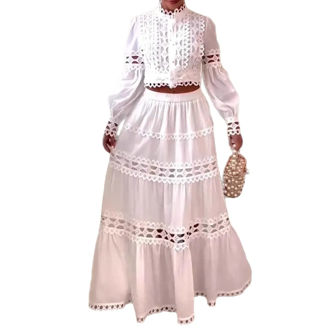 Twee stukken kanten jurken dames gesplitste jurk uitgesneden lantaarnmouwen top enkellange rijk taille rok los casual 2025, lente