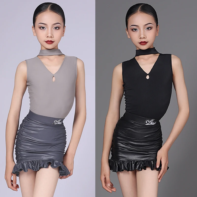 Kids Latin Dance Clothes Girls Summer Sleeveless Tops Leather Skirt Cha Cha Rumba Dance Training Practice Clothing Dress BL13111