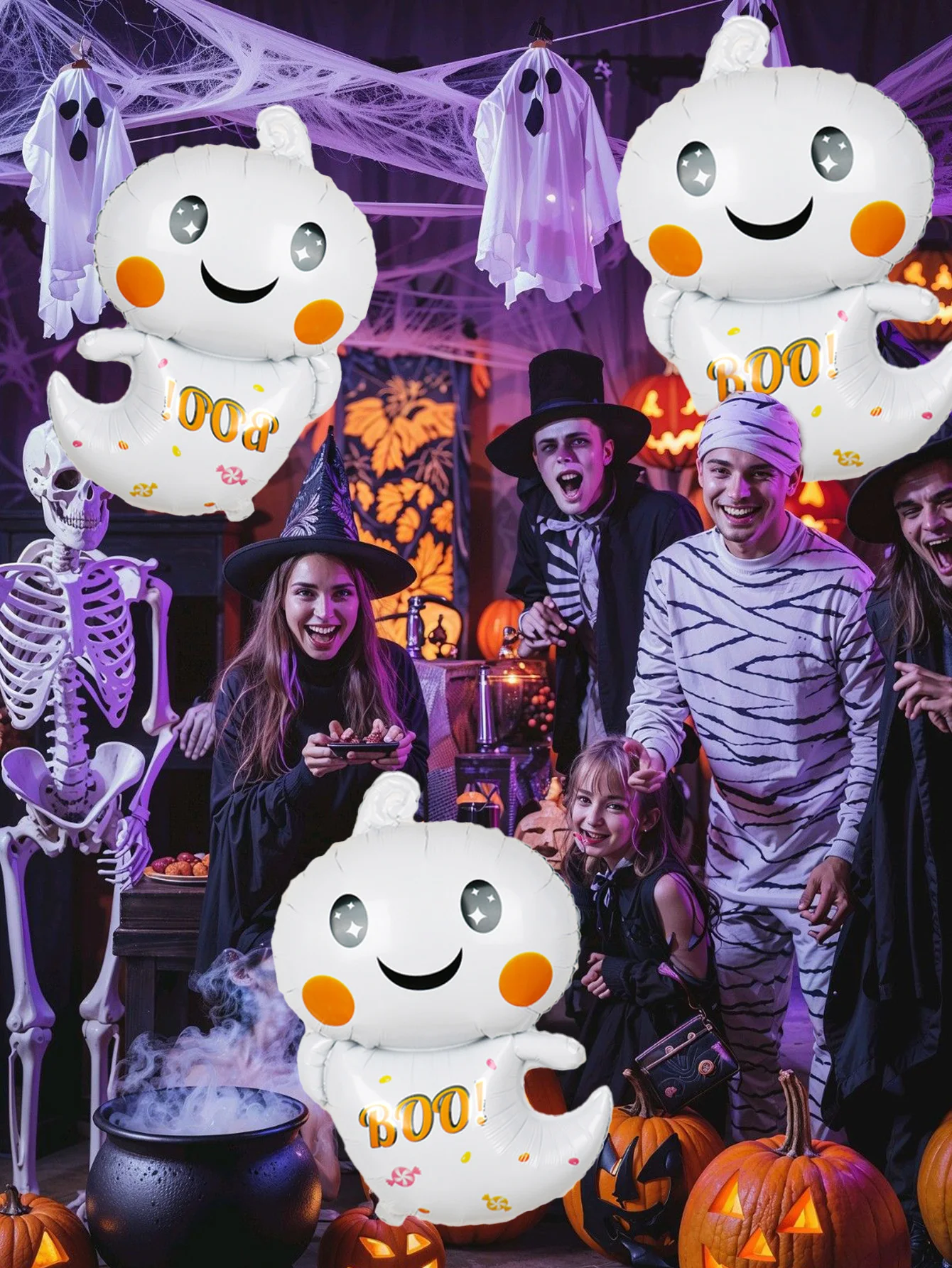 مجموعة بالونات من فيلم الألومنيوم الشبح الأبيض اللطيف مكونة من 3 قطع - مناسبة لمستلزمات تزيين حفلات الهالوين، وديكور رعب الأشباح #3