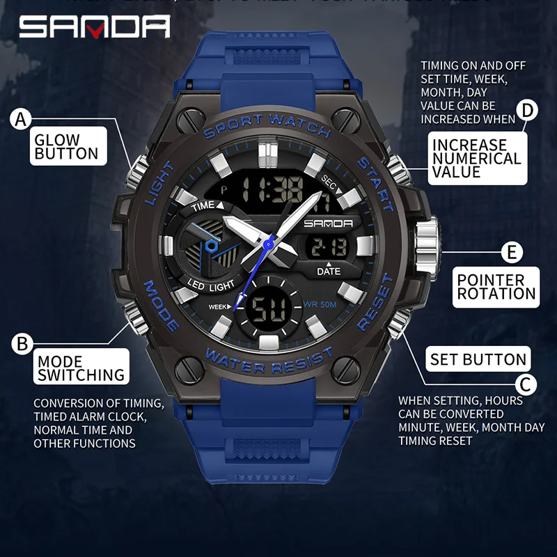 SAMDA New Fashion Military Sport Style Watches For Men 50M Waterproof Alarm Clock Dual Display Quartz Male Wristwatch Man Watch