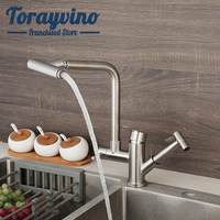 Torayvino Kitchen Faucet Nickel Brushed Double Water Outlet 360°Swivel With Pull Out Hot Cold Water Mixer Sink Tap Deck Mounted