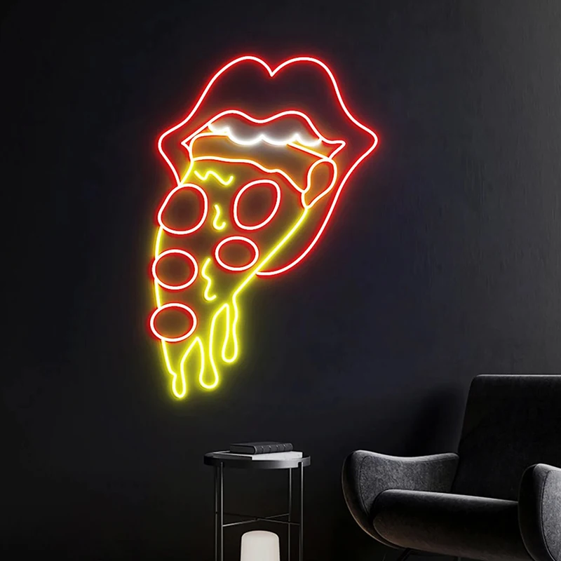 Eating Pizza Neon Sign Custom Italian Pizza Mouth Led Light Signs for Restaurant Kitchen Wall Decoration Aesthetic Night Lights