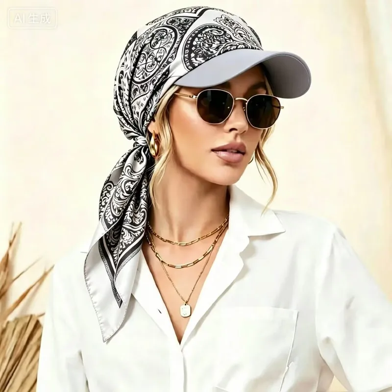Woman 3d Printed satin square scarf hat with brim headscarf turban hats with strap duckbill outdoor sun beach caps