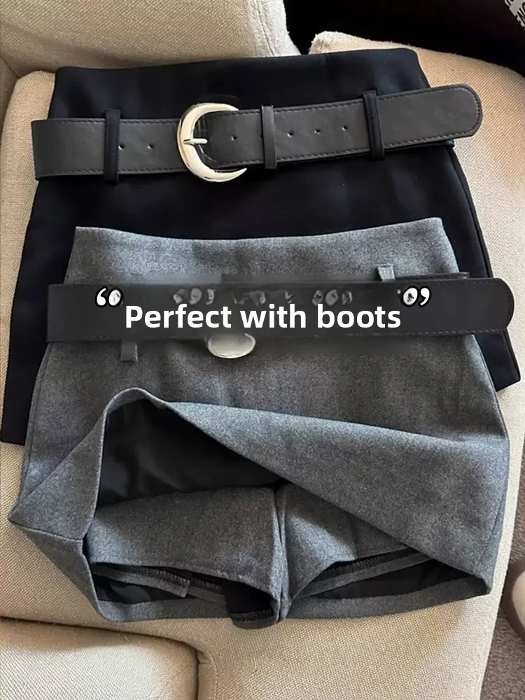 

Серая юбка-шорты в деловом стиле с высокой талией, женская, осенне-зимняя, с поясом, не просвечивающая, облегающая, А-силуэт, короткая