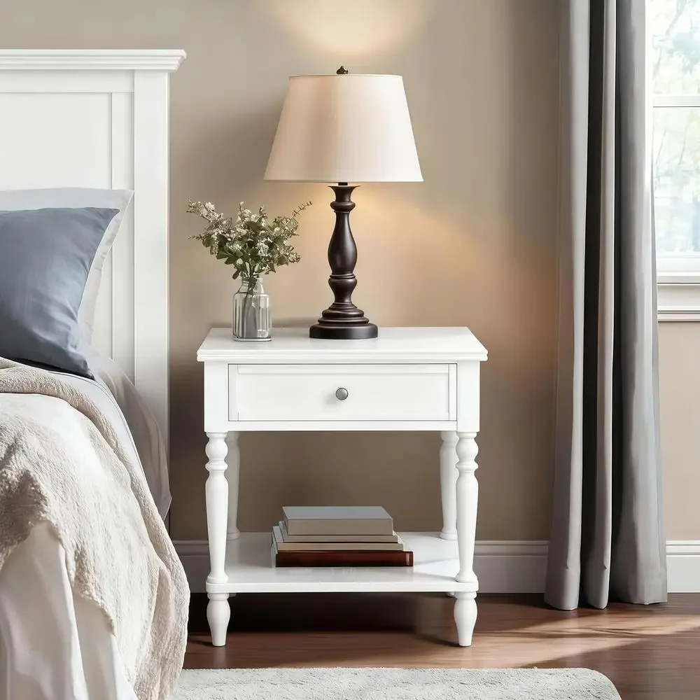 

Solid Wood Nightstand with Charging Station, Traditional End Table with Ders and Open Shel, Bede Table with Storage, ern Side Ta