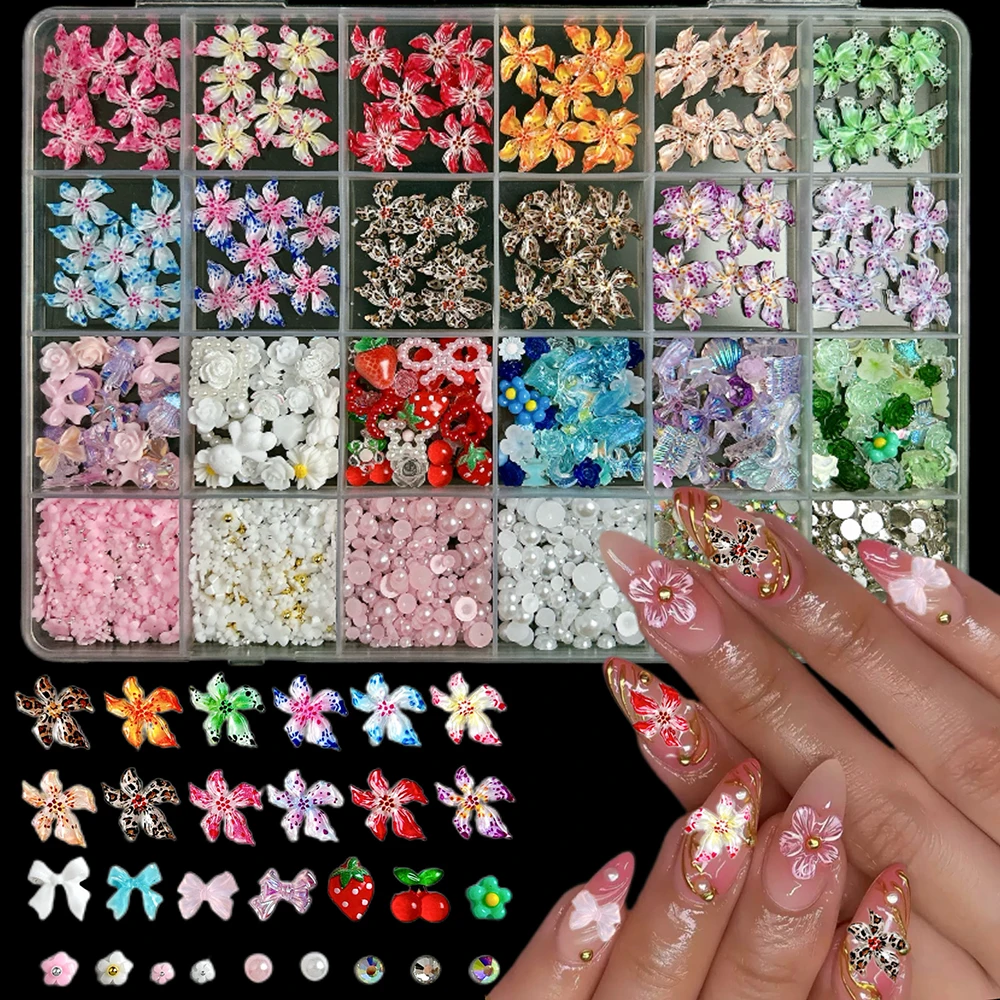 1 caja 3D de múltiples estilos, flores coloridas, decoraciones artísticas de resina para uñas, flores manchadas dulces, Mini diamantes de imitación, dijes para uñas mixtos DIY