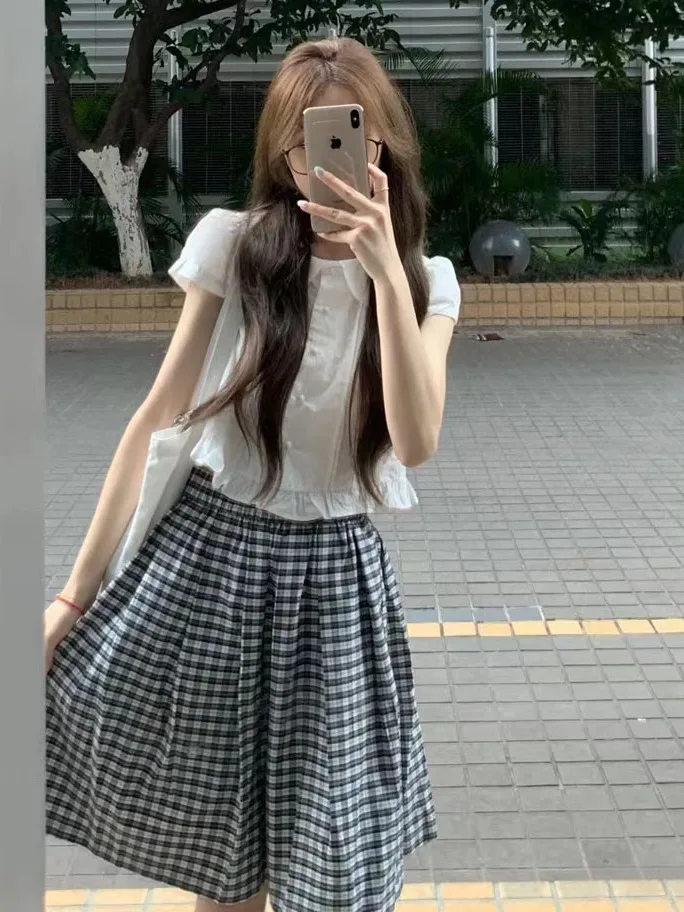 

Sweet Doll Collar irt And Skirt Two-Piece Set ort Sve Waist-Cinching Summer Outfit Cotton Blend Button-Up