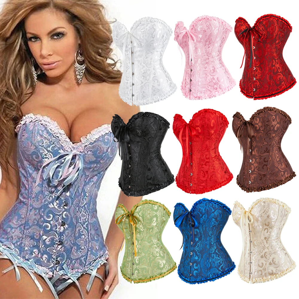 

Jacquard Overbust Corset Bustier Top Women Lace Up Boned Brocade Basques Costume