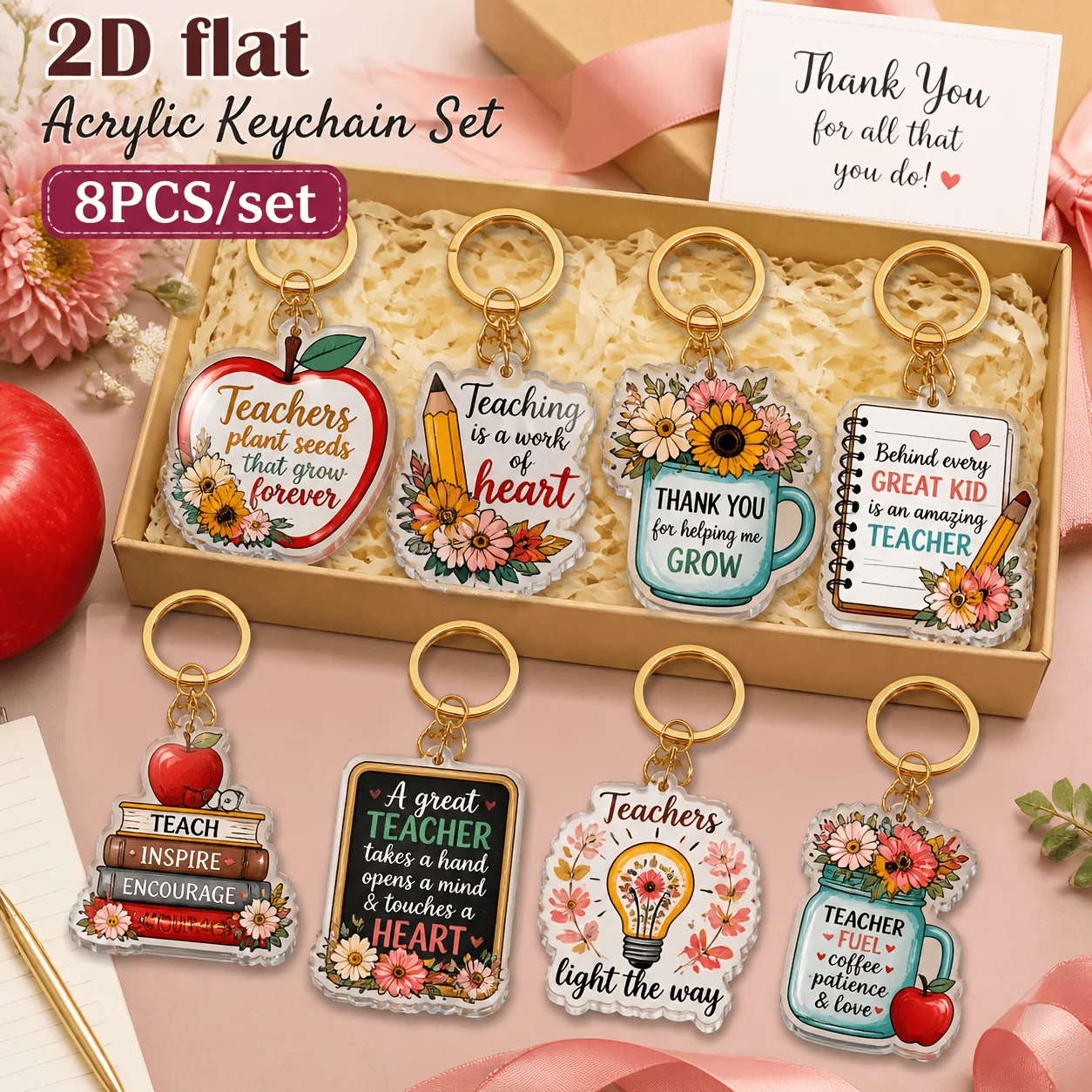 8-teiliges Set Inspirierender Lehrer-Dankeschön-Acryl-Schlüsselanhänger mit Bunten Blumenzitaten, Geschenk für Bildungsarbeiter, 2D Flaches Design – Detail 2