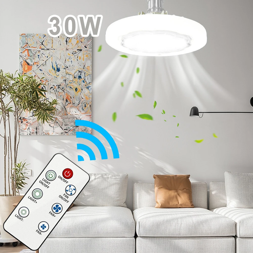 Smart Ceiling Fan with LED Light & Remote Control E27 Convertible Base for Living Room Home Decor Auto Speed Adjust