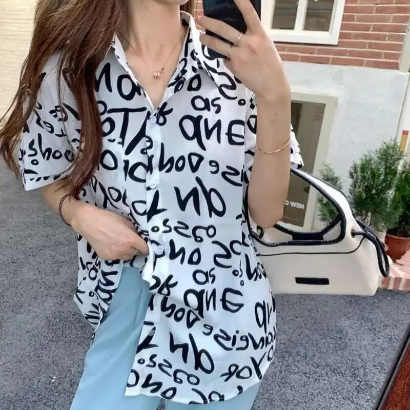 Sommer Hip Hop frauen Blusen Brief Voller Druck Taschen Shirts Street Fashion Tops Blusas Teenager Mädchen Täglichen Casual Kleidung