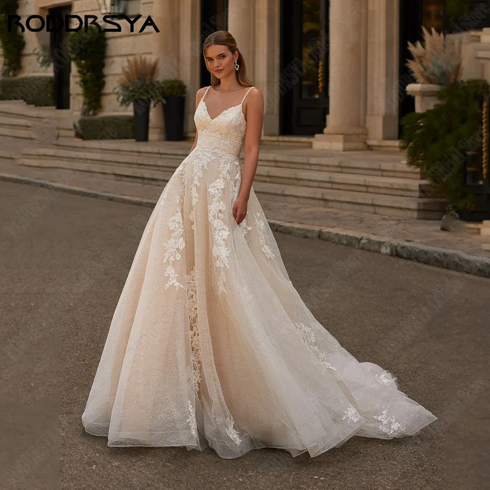 RODDRSYA gaun pernikahan model A-Line berkilau untuk wanita tali Spaghetti punggung terbuka Applique V-Neck gaun pengantin Tulle gaun pengantin Vestidos de novia