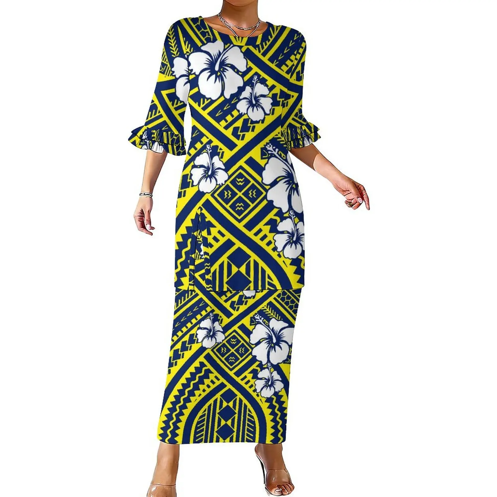 Polynesian Custom-Made Suit Skirt Pattern Wholesale Floral Printed Women'S Suit Skirts Puletasi Double-Layer Ruffled Sleeves