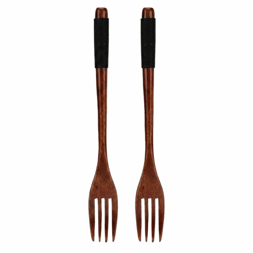 2Pcs Reusable Wood Fruit Fork Smooth Polished Black Line Handle Serving Fork Solid Practical Cooking Fork Food Turning