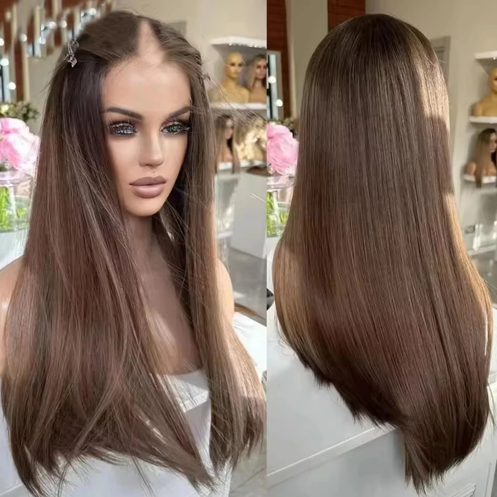 Ombre Chestnut Blonde Long Bone Straight V Part Wig Highlight Chocolate Brown 100% Indian Remy Human Hair Full U Shape Wigs 250%