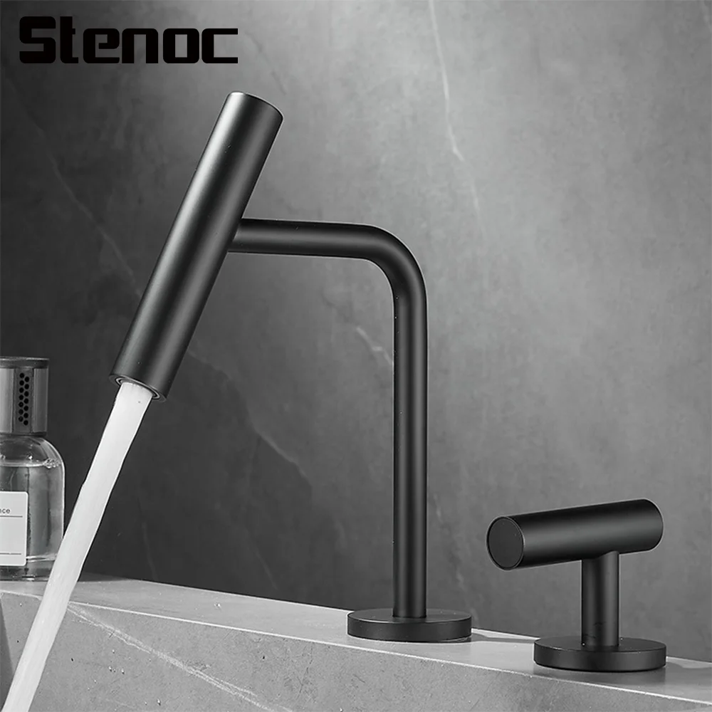 Stenoc Modern Black Basin Faucet Lavatory Mixer 2 Holes Pieces Basin Faucets Hot And Cold Water Separation Bathroom Sink Faucet