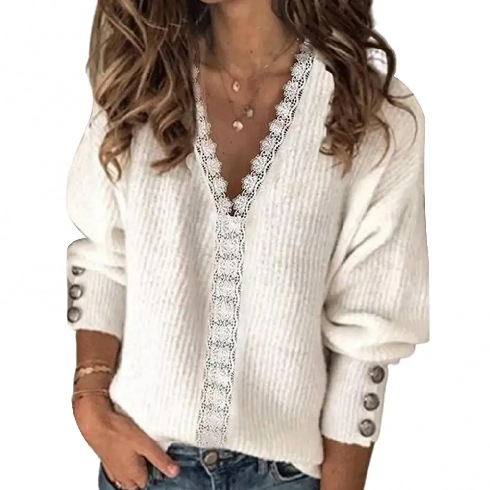 Pullover camicetta 2024 inverno nuove donne maglione lavorato a maglia caldo pizzo laterale Casual accogliente maglione