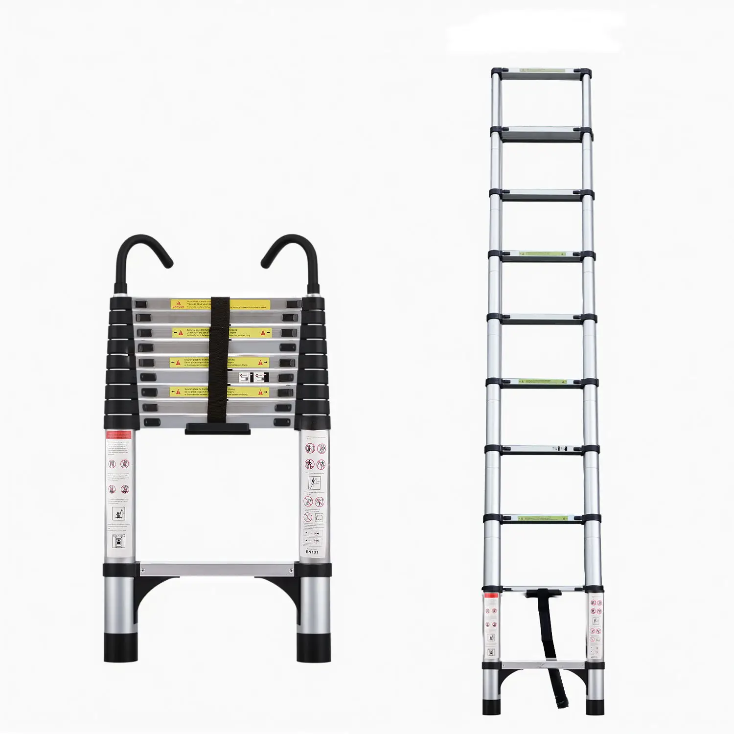 9.5 foot aluminum button telescopic ladder with 2 triangular stabilizers and hooks maximum load-bearing capacity of 330 pounds