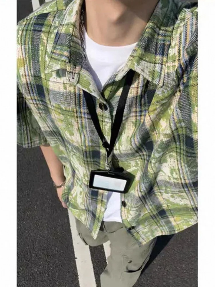 

Мужская рубашка с коротким рукавом в клетку в стиле тай-дай, свободного кроя, тонкая, летняя, модная, винтажная, в американском стиле, для пар, молодежная верхняя одежда