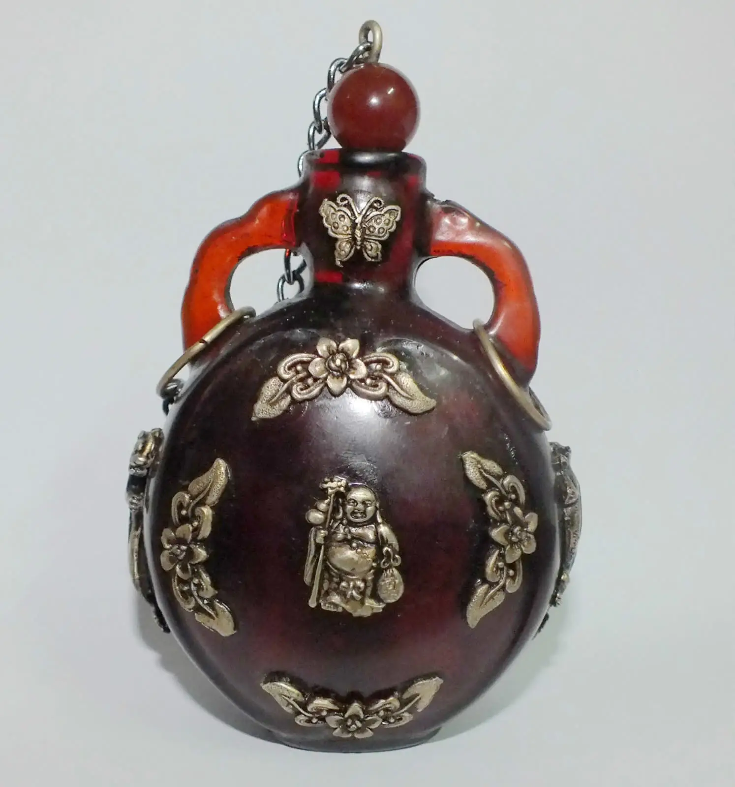 

China old Tibet silver amber carved butterfly Buddha statues snuff bottle