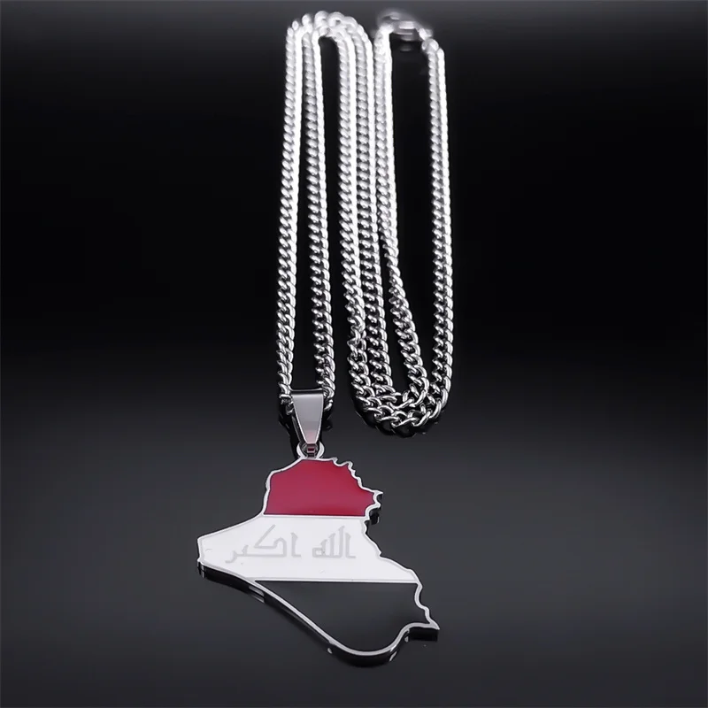 Iraq Republic Map Country Flag Pendant Necklace Women Men Stainless Steel Silver Color National Day Jewelry Accessories NXXXXS05