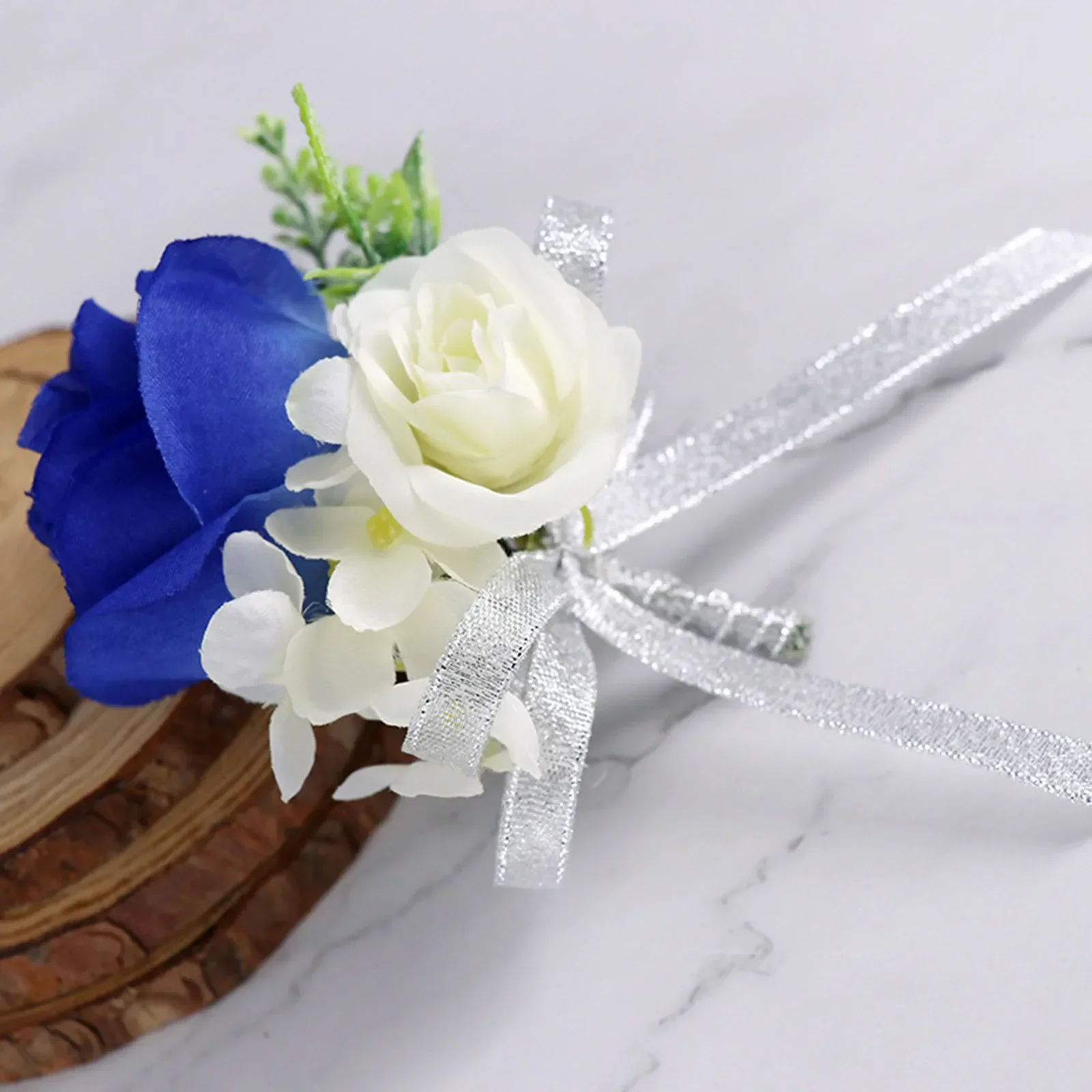 Flor de muñeca azul y ramillete, decoración de graduación, ramillete de rosas, conjunto de pulsera con ramillete de flores para boda, aniversario, fiesta de graduación