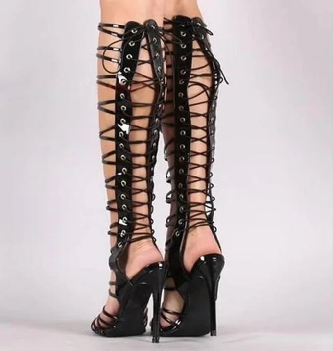 Gold Strappy Front Button Knee High Sandals Women Slingback Lace-Up Sexy Female Open Toe hollow Cross Strap Sandals Boots image 4
