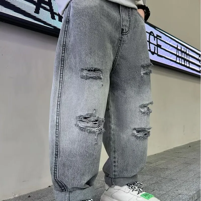 

Весенние и осенние длинные брюки, осенние новые детские осенние брюки в уличном стиле в западном стиле, рваные джинсы для мальчиков