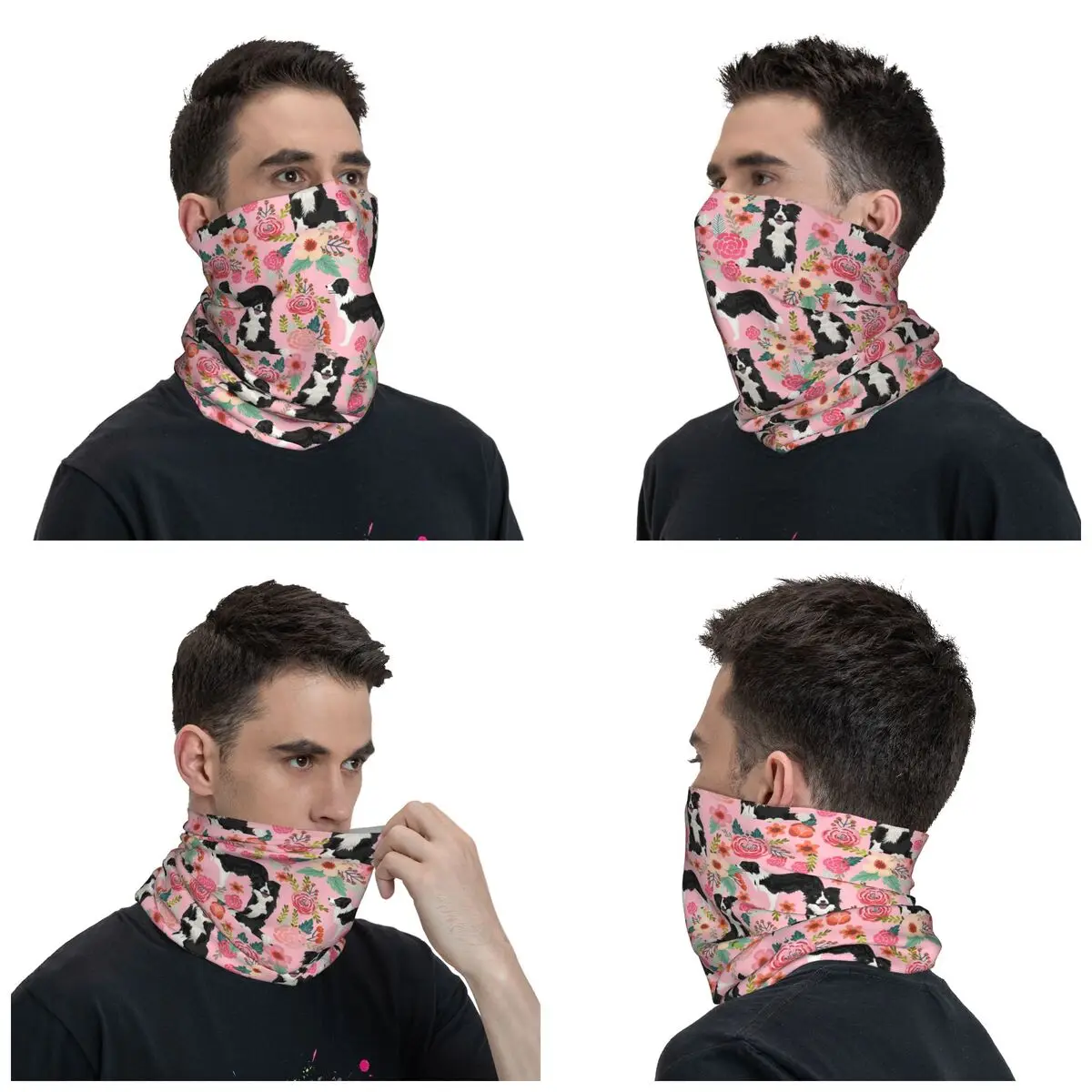 Border Collie Pink Floral Dog Bandana Neck Cover Printed Animal Mask Scarf Balaclava Fishing Unisex Adult All Season