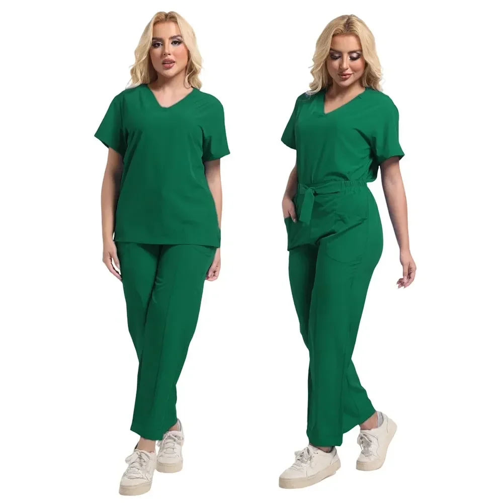 Slim Fit Women Medical Uniforms Nurses Accessories Doctors Scrubs Tops Pant Bow embroideryDental Clinic Beauty Salon WorkwearSet