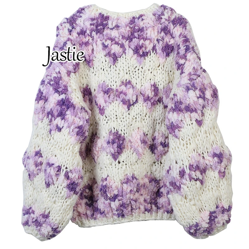 Jastie2024 Autumn Winter Women Sweater Cardigan V-neck Long Sleeve Contrast Color Hand-hook Flower Loose Thick Knitted Cardigan