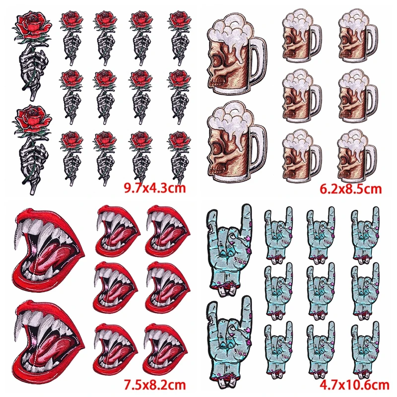 Pulaqi 10 PCS Wholesale Hippie Mouths Patch Iron On Patches On Clothes Skull Embroidered Patches For Clothing Stickers Badges