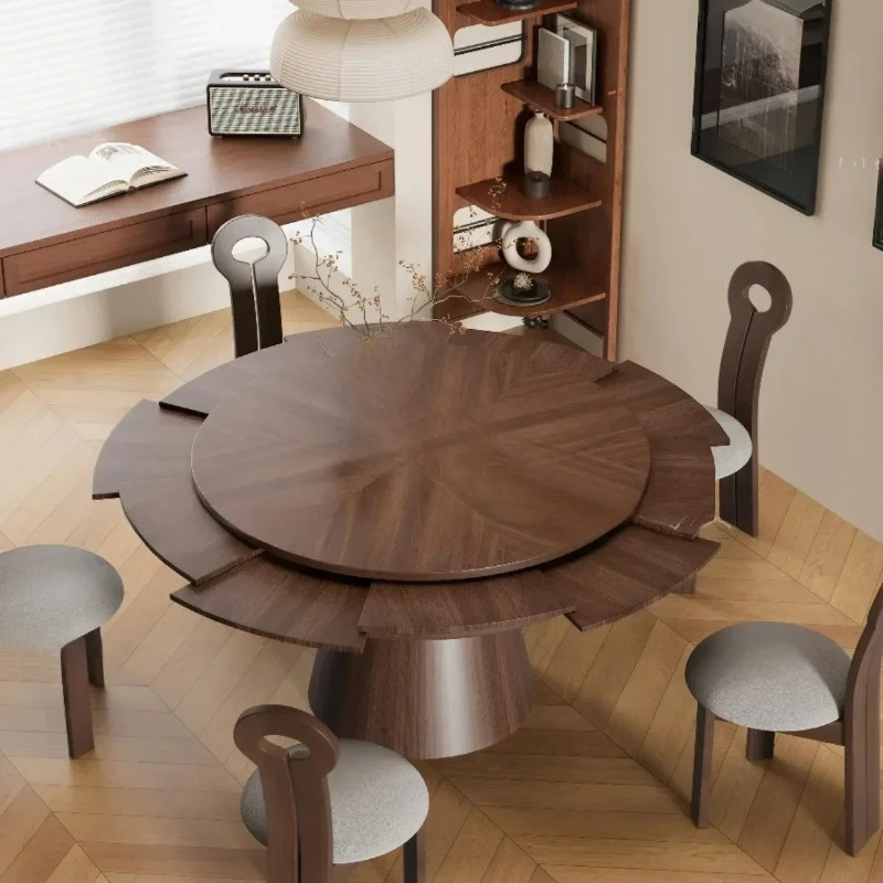 Deformation round Table Antique Style Solid Wood Rotating Retractable Dining Table Retro Folding